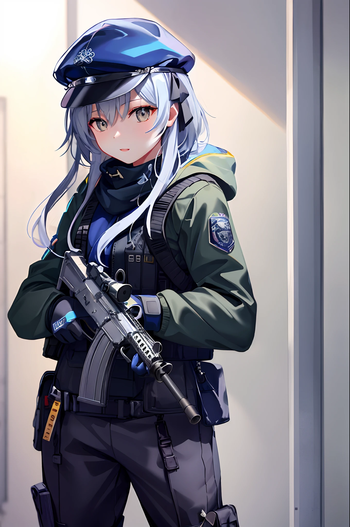 ​masterpiece、top-quality、hight resolution、extremely details CG、1girl in、校服、Have a gun、AK-47、AKM、assault rifle、Kalashnikov flyful、(aim:1.2)、Trigger finger、white  hair