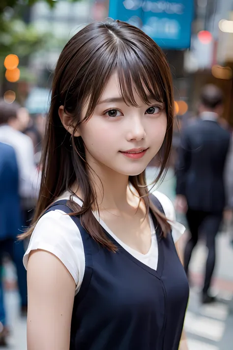 (8K、Raw photography、top-quality、​masterpiece:1.2)、(realisitic、Photorealsitic:1.37)、ultra-detailliert、超A high resolution、女の子1人、see the beholder、beautifull detailed face、a smile、Constriction、(Slim waist) :1.3)、Shirts、Beautiful detailed skin、Skin Texture、Floa...
