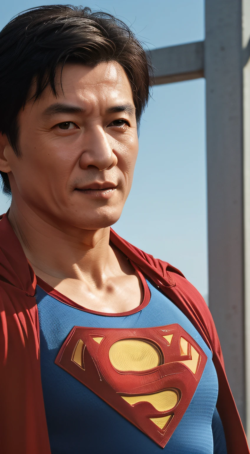 Fermer, homme (40 ans, Jackie Chan, wearing a classic superhomme suit)