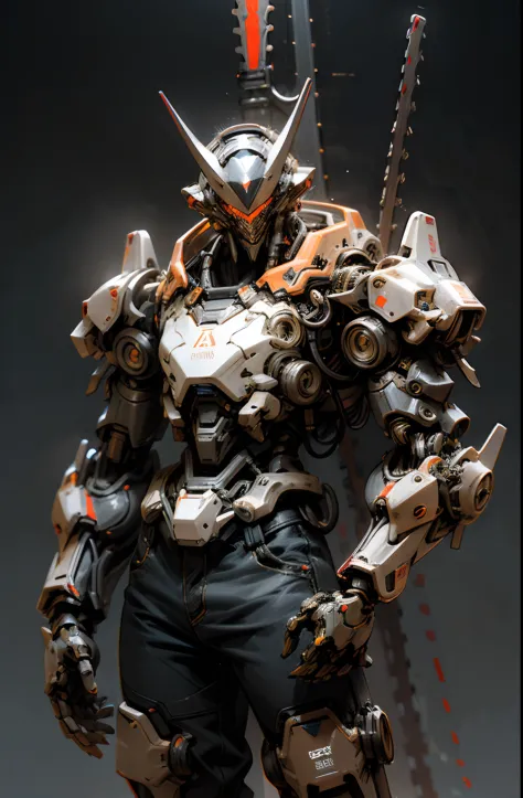 Dark fantasy cyberpunk robot,chainsaw, ((chainsaw arm)),red armor,high contrast, mechanical body,neon lightning, neon lights,  m...