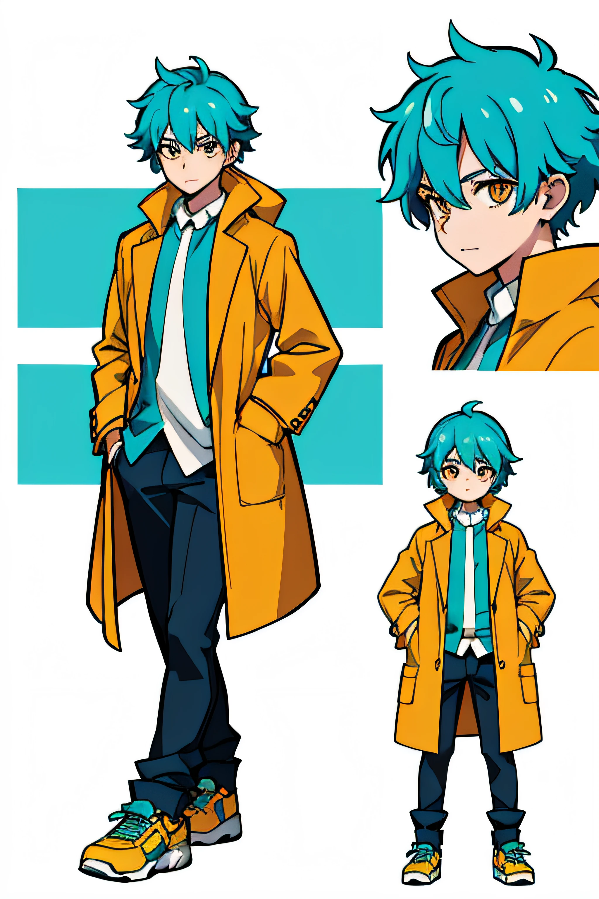 a young adult man with turquoise hair, short fluffy hair, orange eyes, friendly face, clear face, happy face expression, playful pose, elegant and comfortable clothes, open long green coat with suit blouse underneath, streetwear clothes, ananas earring, many different panda sticker on coat, full-body!!, anime-fullbody!!, blank background, white background, character sheet, 25 years old, vtuber look, one character, broad shoulders, high res, ultrasharp, 8K, masterpiece, looking at viewer, simple shading, anime cel-shading, anime, HDR, highly detailed, professional, full body cgsociety, concept artstyle, 2 d cg, concept art