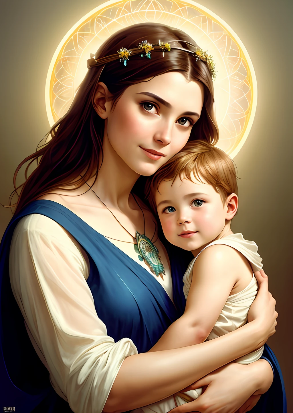 masterpiece, woman and child, holy virgin mary with  in her arms, ((halo over head)), smiling, heavenly sky, half body, ((divine light)), ethereal, clouds, back lighting, realistic portrait, symmetrical, strong, intricate drawing, highly detailed, digital painting, art station, concept art, fluid, sharp focus, illustration, against heaven's gate, cinematic lighting, works by artgerm and greg rutkowski and alphonse mucha