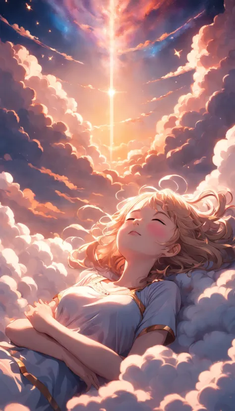 ​masterpiece, Highest Quality, MovieSteel, 1woman, Cloud Girl, Floating in the sky, close-up, brightness, happiness, Warm and soft lighting, sunset, Sleeping, Sleep on your stomach, sleep, eyes closed. (sparks:0.7)