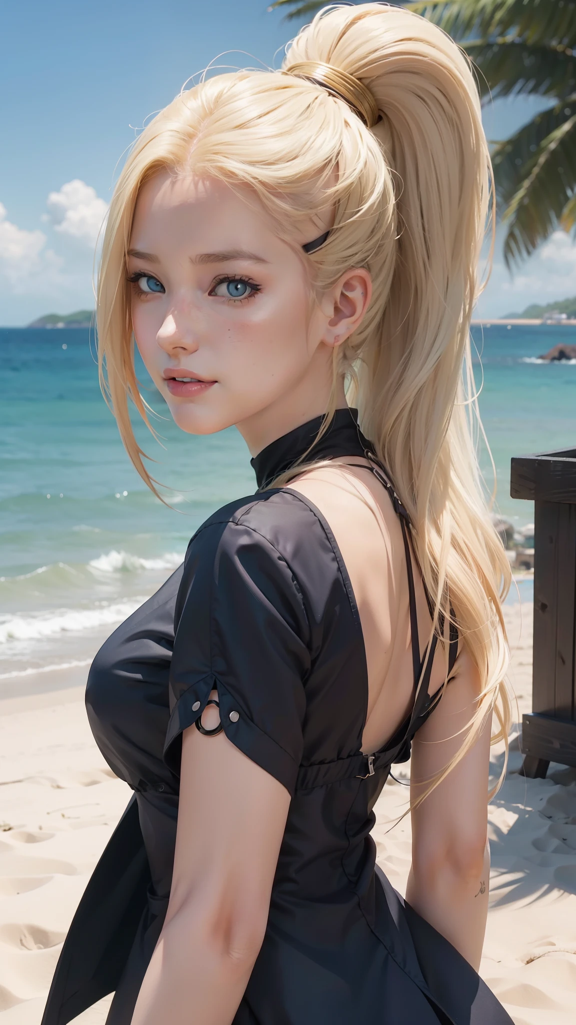 Yamanaka Ino anime seductor， 1 chica ,fotografía de cerca，sonríe，Estar rojo en la cara，pelo rubio，foto de retrato，mira a la cámara，obra maestra，junto a la playa，playa de arena，verdor，fondo detallado，SFW