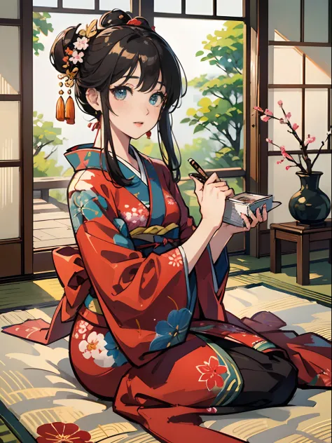 Master Pieces,hyper quality, Hyper Detailed,Perfect drawing,独奏、Beauty in the world、Komono、Japanese dress、Black-haired、Japanese hair、Colorful Japan kimono、Nishijin Ori、Delicate and smart eyes、Half-open lips、sidelong glance、Graceful、Gorgeous、Beautiful、red bl...