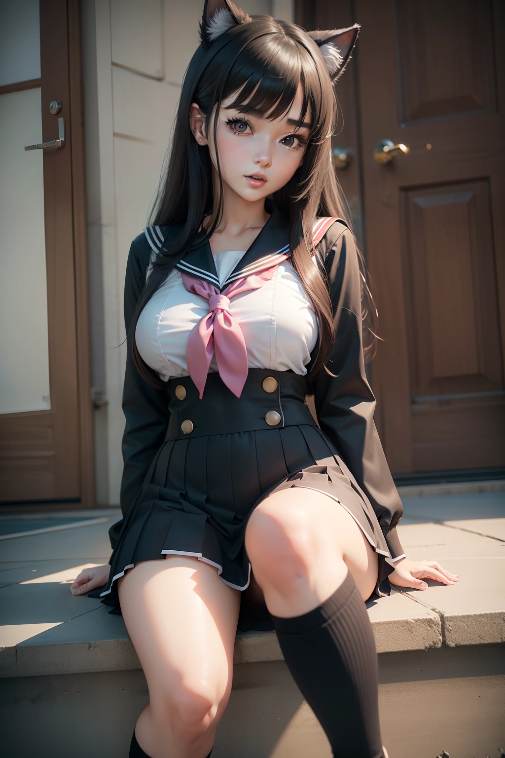 A dark-haired，Cute Korean，adultlike face，Sitting girl, Cat-eared lady, Expose 2 0 y. o Model girl, Seductive Anime Girl, uniform, 3 d anime realistic, Hyper realistic anime, photorealistic anime girl render, Ultra-realistic uniform style, a hyperrealistic , realistic anime 3 d style, Dancing，red-lips，a sailor suit
