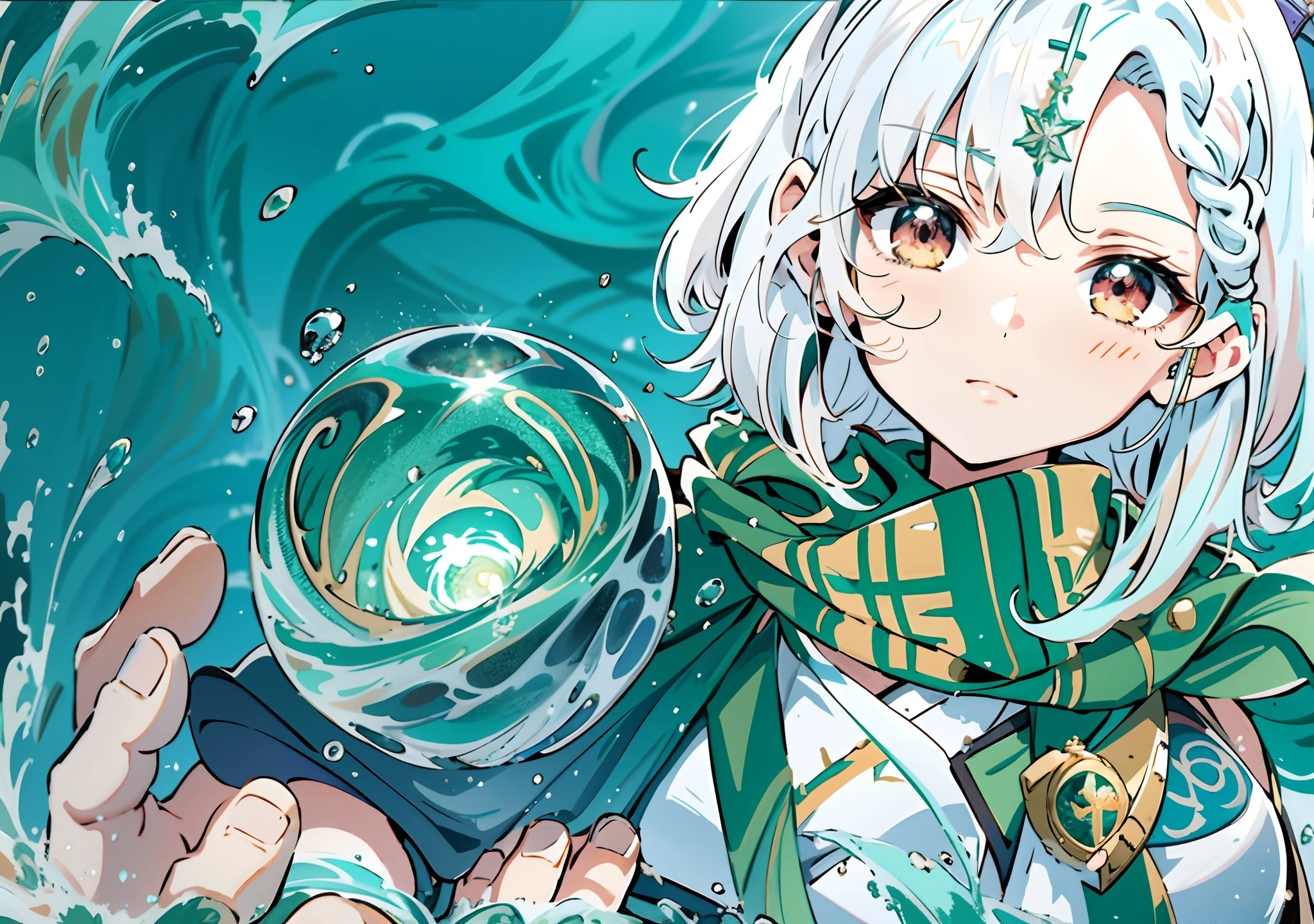 Menina do anime segurando uma bola de cristal em sua mão, Arte Splash Anime , arte oficial, retrato de RPG nítido e claro, melhor papel de parede de anime 4k konachan, arte digital detalhada de anime, arte de anime limpa e meticulosa, Papéis de parede de mangá em 4K, closeup fantasy with água magic, garota alquimista, água elemental, arte chave detalhada do anime, estilo pixiv, Melhor avaliado no pixiv,Yushui，água，higuchi_madoka,((Chifre marrom)),(((lenço verde))),(((cabelo branco))),cabelo curto,Ahoge,((trança francesa)),((Grampos de cabelo verdes)),(((Olhos dourados)))