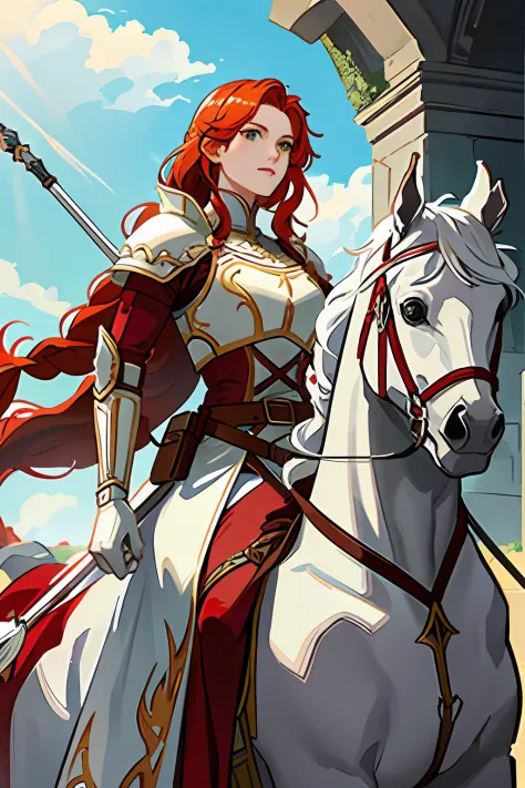 titania, 1horse, white horse, (riding a horse:1.2), braided ponytail, armor, red dress, belt, gauntlets, gloves, armored boots, ...