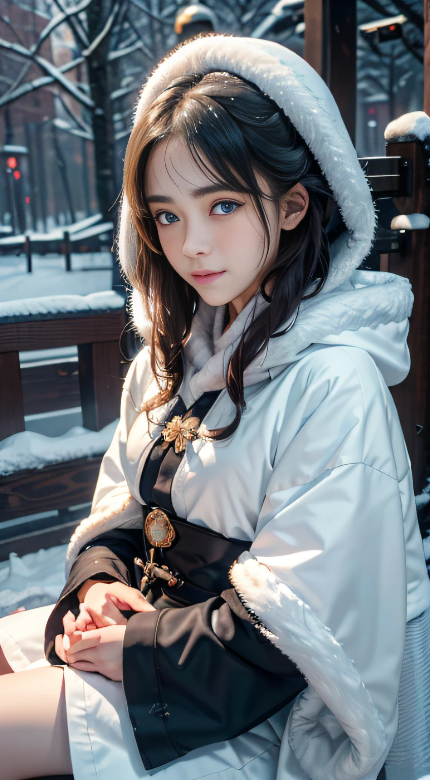 ((Works of masters))，(超高分辨率)，1 girl,Glowing eyes，Tears of sadness， Sitting, Lolita costume，Cloak (Snow, Snow，Outdoor activities in winter:1.2),snowfield，Blue eyes，Illustrations of the highest quality，A meticulous face