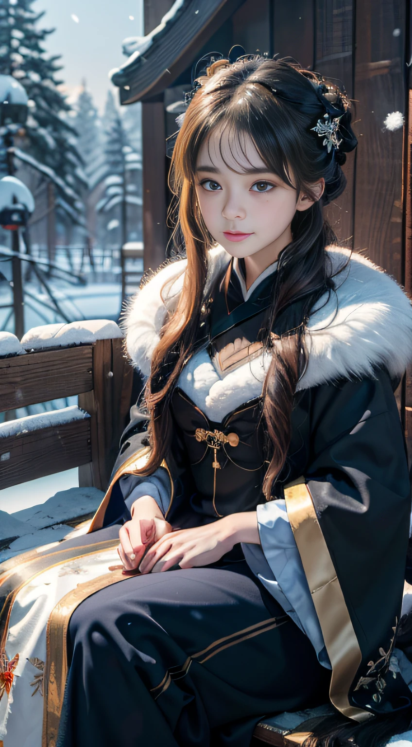 ((Works of masters))，(超高分辨率)，1 girl,Glowing eyes，Tears of sadness， Sitting, Lolita costume，Cloak (Snow, Snow，Outdoor activities in winter:1.2),snowfield，Blue eyes，Illustrations of the highest quality，A meticulous face