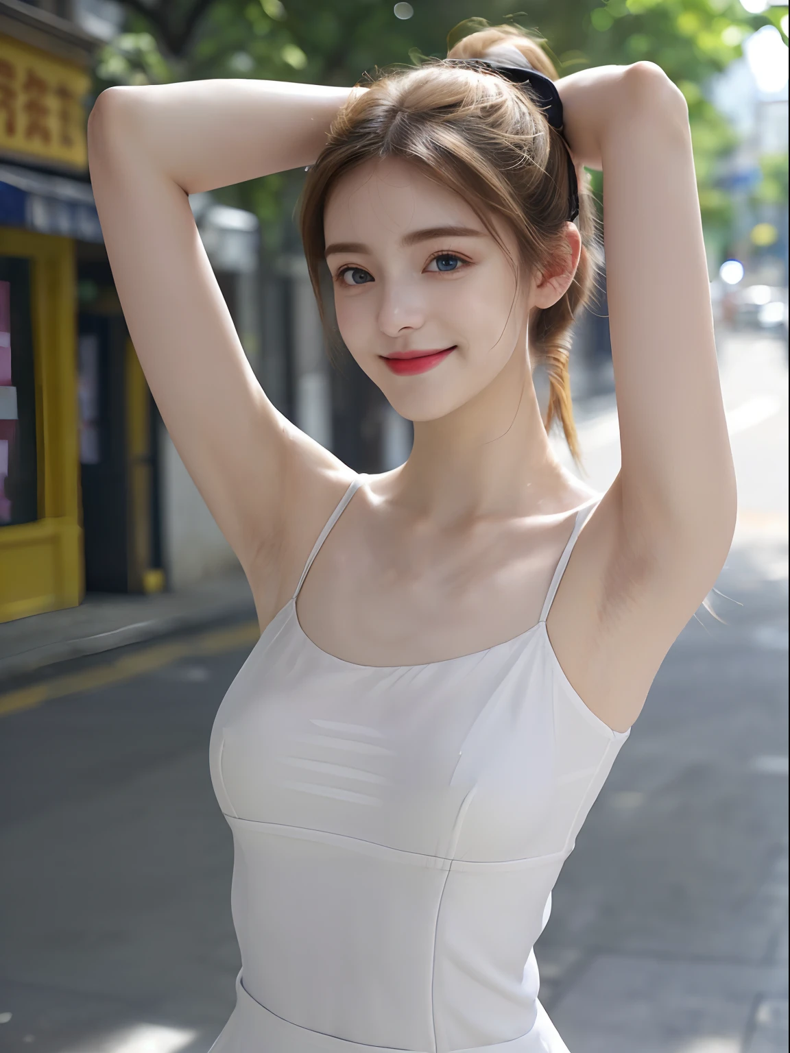 ((Show underarms、Armpit、Detailed armpit wrinkles、Raise your hands to show your armpits、in a street、In the city、Looking here、A smile、bright sunlight on the body、high-ponytail Hairstyle、More detailed armpit skin、Underarm wrinkles、Black armpits、Darker armpit color))、top-quality, (reallistic:1.3), (Reality, Hyper-Realism:1.2), 1girl in, a white girl, (​masterpiece), Convoluted (High Details), Detail skin, Short:1.2, (High Details:1.1), NSFW, HighDynamicRange, (beauitful face), Hillez, Directional writing, sharp focus, full body Esbian