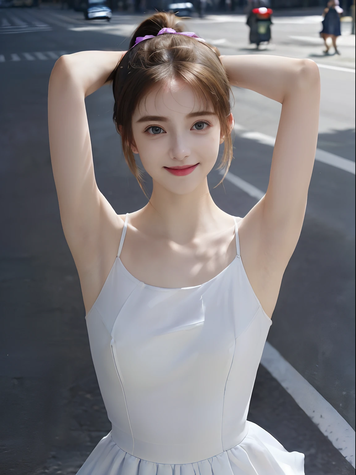 ((Show underarms、Armpit、Detailed armpit wrinkles、Raise your hands to show your armpits、in a street、In the city、Looking here、A smile、bright sunlight on the body、high-ponytail Hairstyle、More detailed armpit skin、Underarm wrinkles、Black armpits、Darker armpit color))、top-quality, (reallistic:1.3), (Reality, Hyper-Realism:1.2), 1girl in, a white girl, (​masterpiece), Convoluted (High Details), Detail skin, Short:1.2, (High Details:1.1), NSFW, HighDynamicRange, (beauitful face), Hillez, Directional writing, sharp focus, full body Esbian