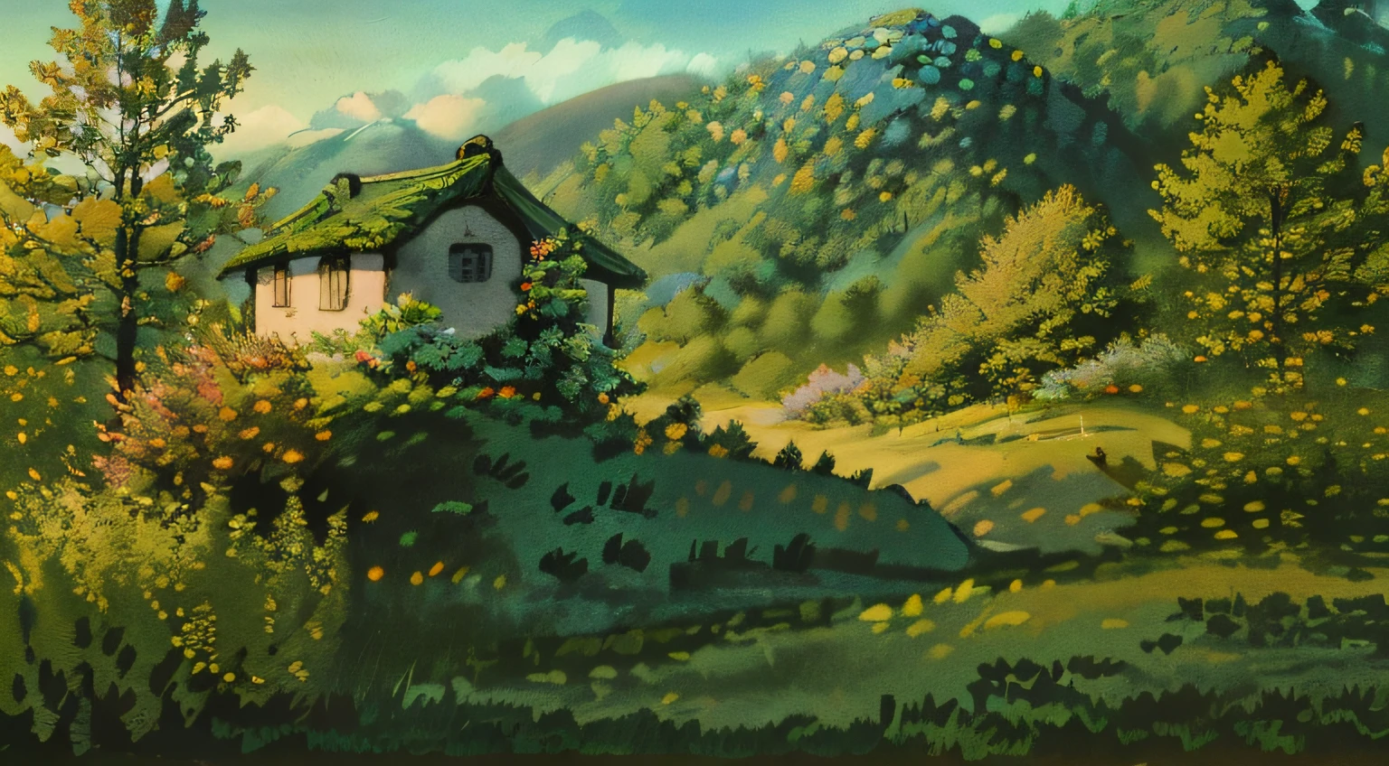 "forest, with small simple tree, with a Ghibli-style village in the background. The image should have a hyperrealistic feel, with intricate detailing and an autolevel color treatment. Create a dark and dramatic atmosphere, with a desaturated color palette. The composition should be expansive and the level of detail should be intricate."