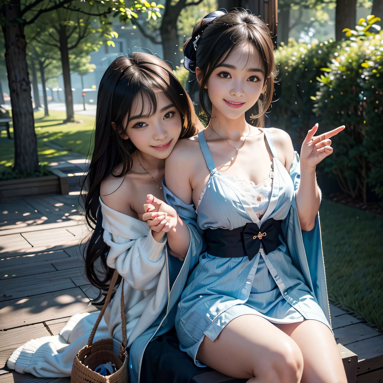 (Front focus)、(Dark: 1.6)、White cardigan、Blue dress、thighs visible、walking at the park、Poplars on both sides、Holding a cute little bag at an angle、Hands behind your back、Dynamic lighting、art  stations、Volume lighting、extra detailed face、4 k''、Award-winning、 1 rapariga、Dark bran hair、Hair that grows to the shoulders、The best smile、Smiling eyes、二重まぶた、