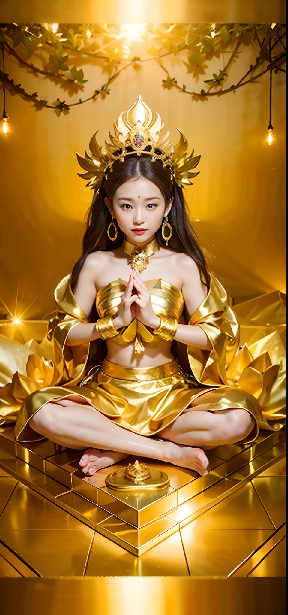 1girl in、top-quality、​masterpiece、超A high resolution、(Photorealsitic:1.4)、Raw photo、Deities々Goddess Sibit、（Face of  beautiful girl）、Straight long hair、glowy skin、Dramatic、（Golden See-Through Competition Swimwear）、（Golden transparent fluttering robe）、（Golden Buddha Statue）、（Golden Guanyin Bodhisattva Statue）、（（Golden Very Small Tiara））、（Pray）（Standing whole body）、（（delicate finger、Delicate hand））、（delicate paws）、（large full breasts、Clean raised bust）、（Rocket Tits）、（（Golden garter stockings））、（（Golden Ancient Greek Temple））（Golden wall decorated with gold）、（Blur the background）、（One boob is visible、large areola is visible、 to stand）、（Woman Praying）、（Pray with Your Hands Together）、Full body、standingn、Pray with Your Hands Together、goddes、