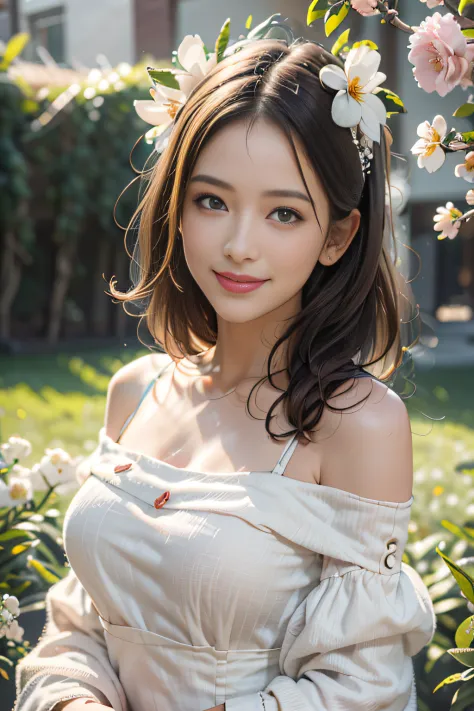 Best quality, masterpiece, ultra high res, (photorealistic:1.4), raw photo, 1girl, white dress, off shoulder, blossom flower fie...