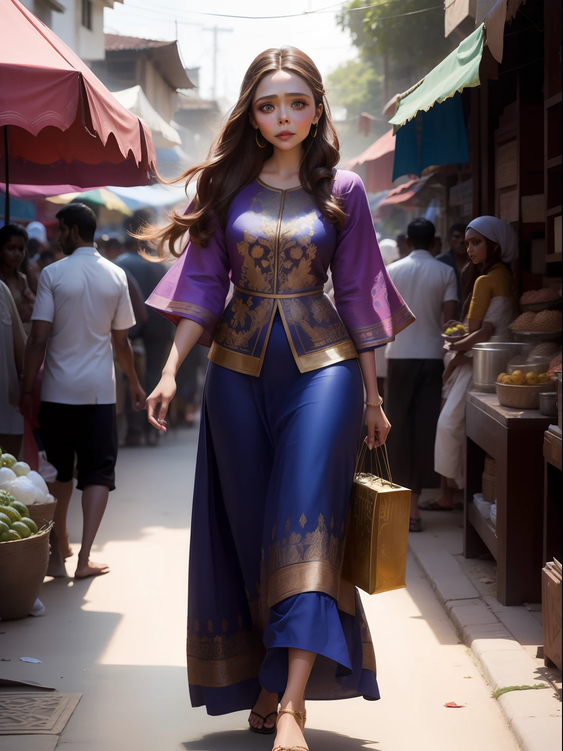 Generate a high-quality AI-generated image of Elizabeth Olsen dressed in a Muslim girl outfit, walking gracefully along a picturesque street in Sri Lanka. The image captures the intricate details of her outfit, the vibrant colors of the market stalls, and the authentic essence of the Sri Lankan street scene.