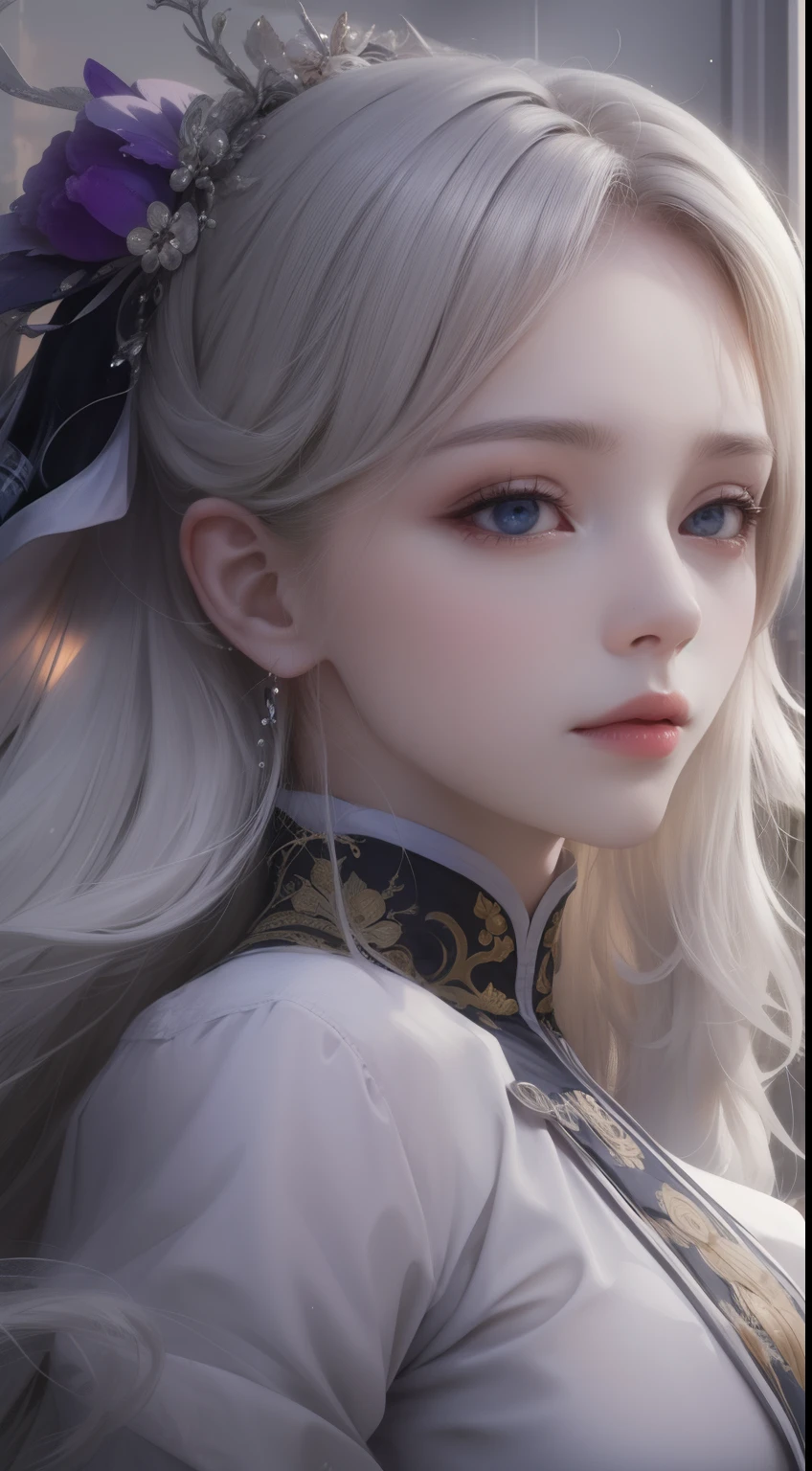 (fond d&#39;écran CG Unity 8k très détaillé, chef-d&#39;œuvre, meilleure qualité), meilleur éclairage, Incroyablement beau, Flottant, fille en costume wuxia blanc, yeux bleus, cheveux multicolores (argent: 1.3 + rouge: 1.2 + violet + jaune: 1.3 + vert: 1.3), beau visage, trop de gouttes d&#39;eau, des nuages, Crépuscule, grand angle, aquarelle.