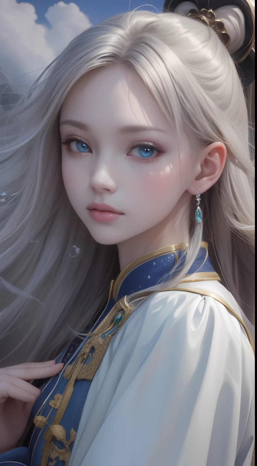 (Fondo de pantalla CG Unity 8k muy detallado, Obra maestra, mejor calidad), mejor iluminacion, Increíblemente bella, flotante, girl in white wuxia suits, blue eyes, cabello multicolor (Plata: 1.3 + rojo: 1.2 + púrpura + amarillo: 1.3 + verde: 1.3), hermoso rostro, demasiadas gotas de agua, Nubes, crepúsculo, gran angular, acuarela.