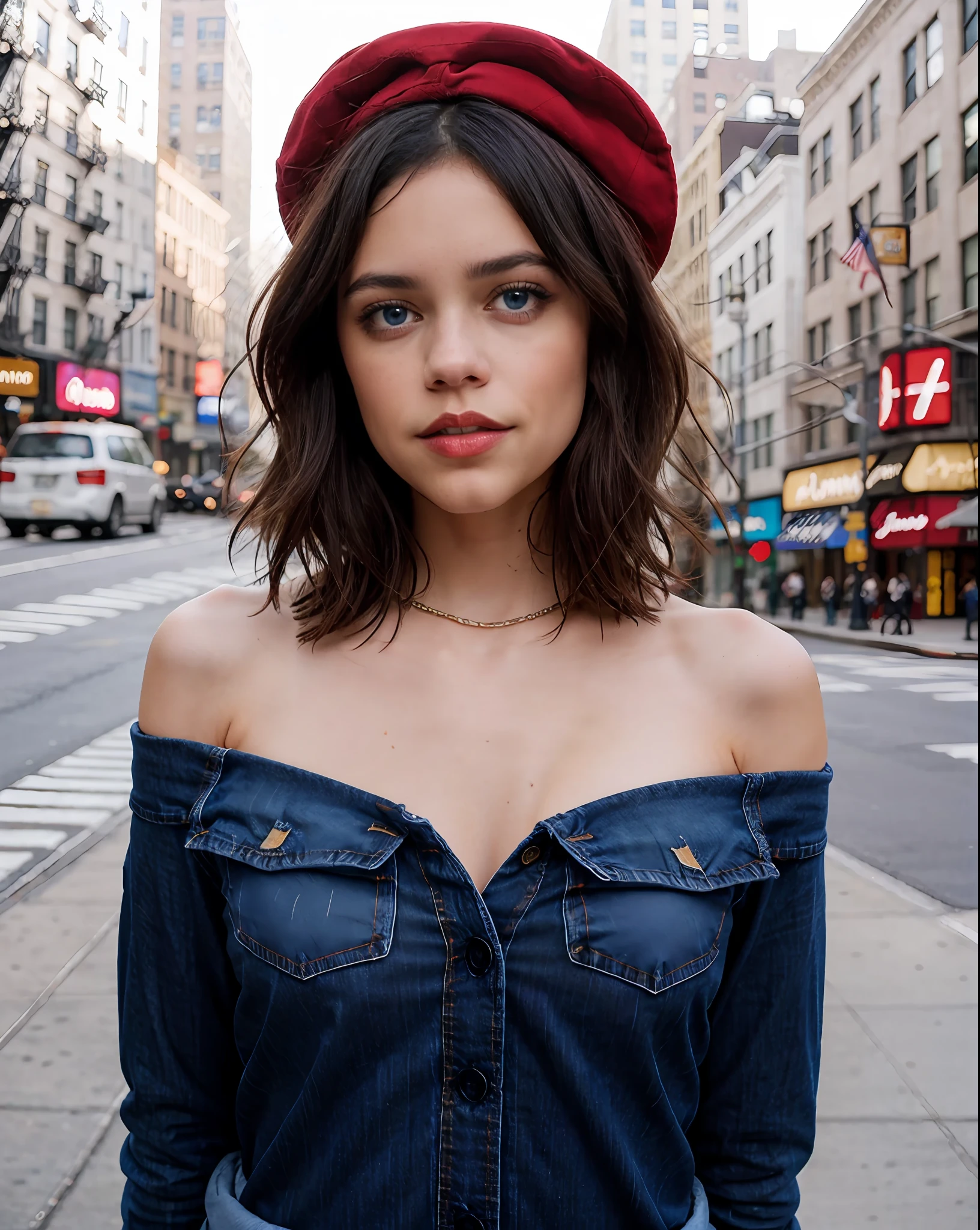 Foto de (jortega) posando com uma camisa de flanela e calça jeans azul com uma bandeira americana nos ombros e um chapéu vermelho na cabeça, Sozinho, ((olhos azuis)), Corte de cabelo curto, câmera de frente, em uma rua de Nova York, Fotografia, sessão de fotos, Capturado pela câmera Panavision Panaflex Platinum com lente esférica Panavision Primo Primes 75mm T1.9