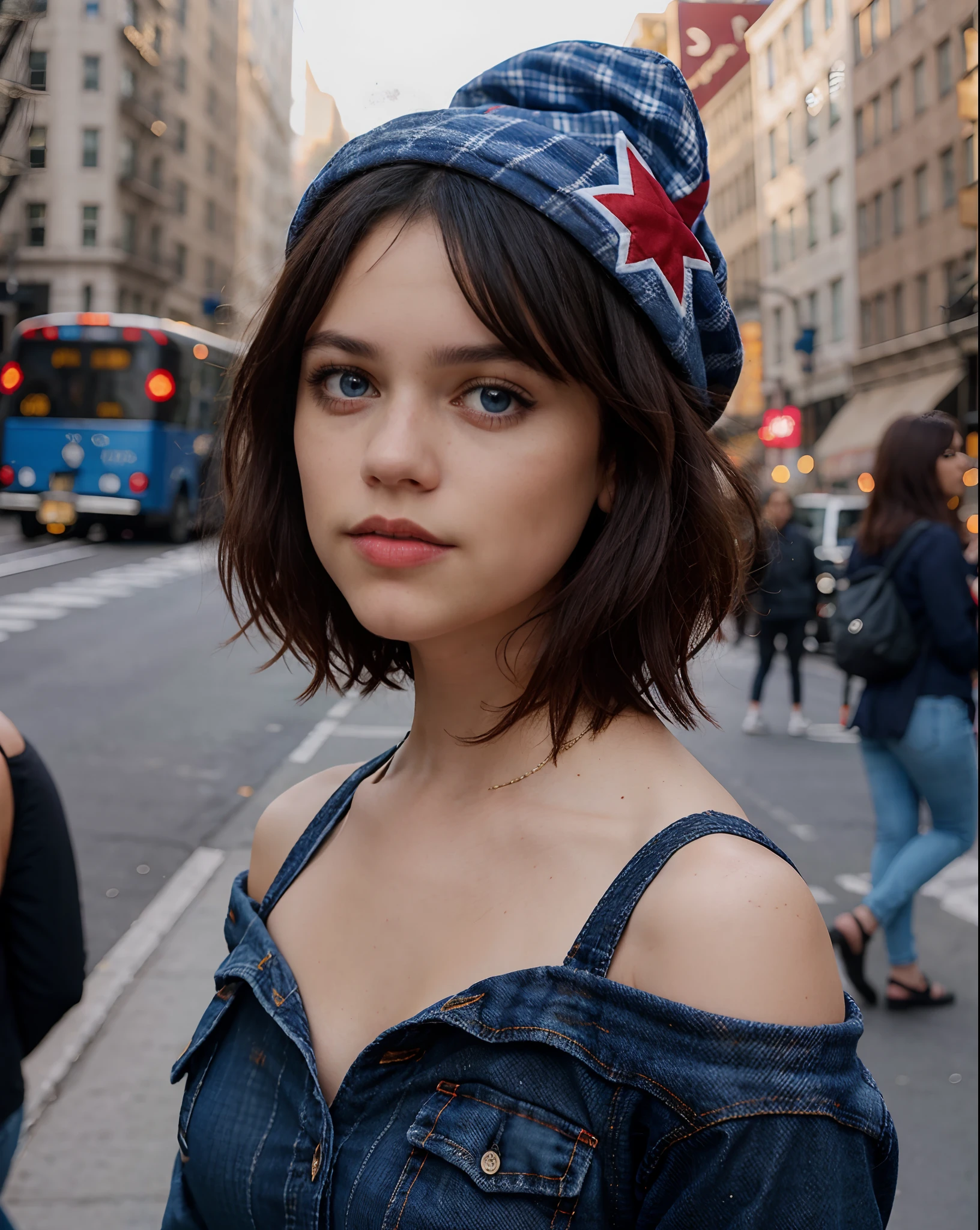 Photo of (jortega) posing in a flannel shirt and blue jeans with an American Flag around her shoulders and a red hat on her head, solo, ((blue eyes)), bob haircut, facing camera, on a New York City street, photograph, photoshoot, Captured by Panavision Panaflex Platinum Camera with Panavision Primo Primes Spherical Lens 75mm T1.9