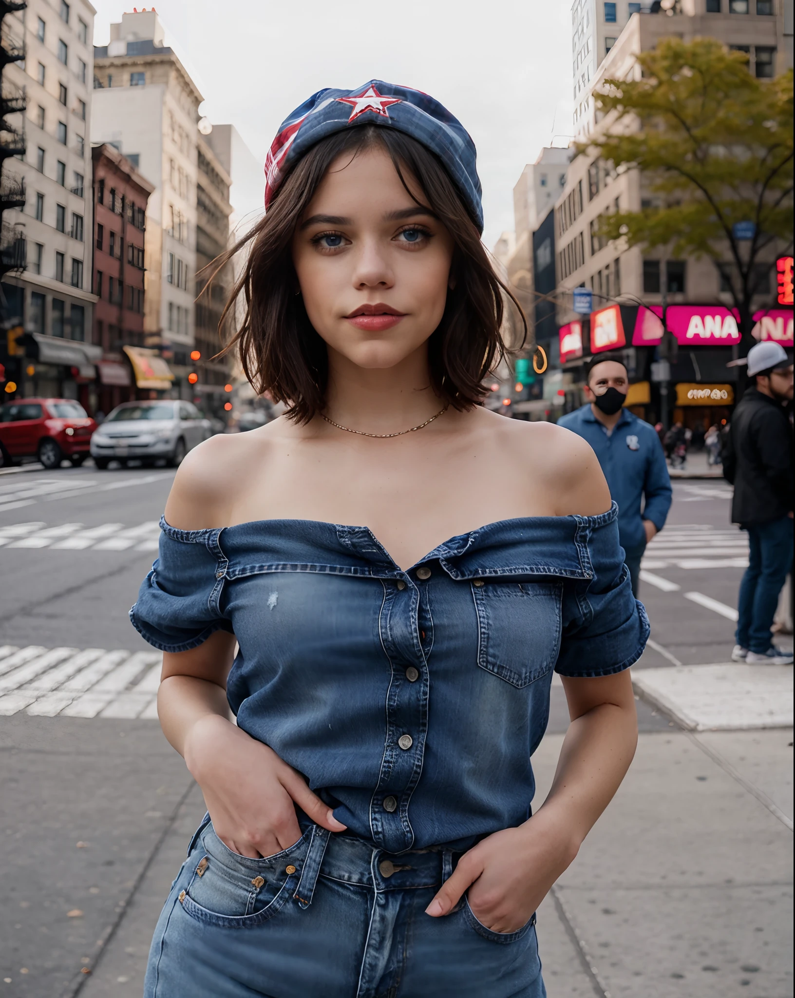 Photo of (jortega) posing in a flannel shirt and blue jeans with an American Flag draped around her shoulders and a red baseball hat on her head, solo, ((blue eyes)), bob haircut, facing camera, on a New York City street, photograph, photoshoot, Captured by Panavision Panaflex Platinum Camera with Panavision Primo Primes Spherical Lens 50mm T1.9