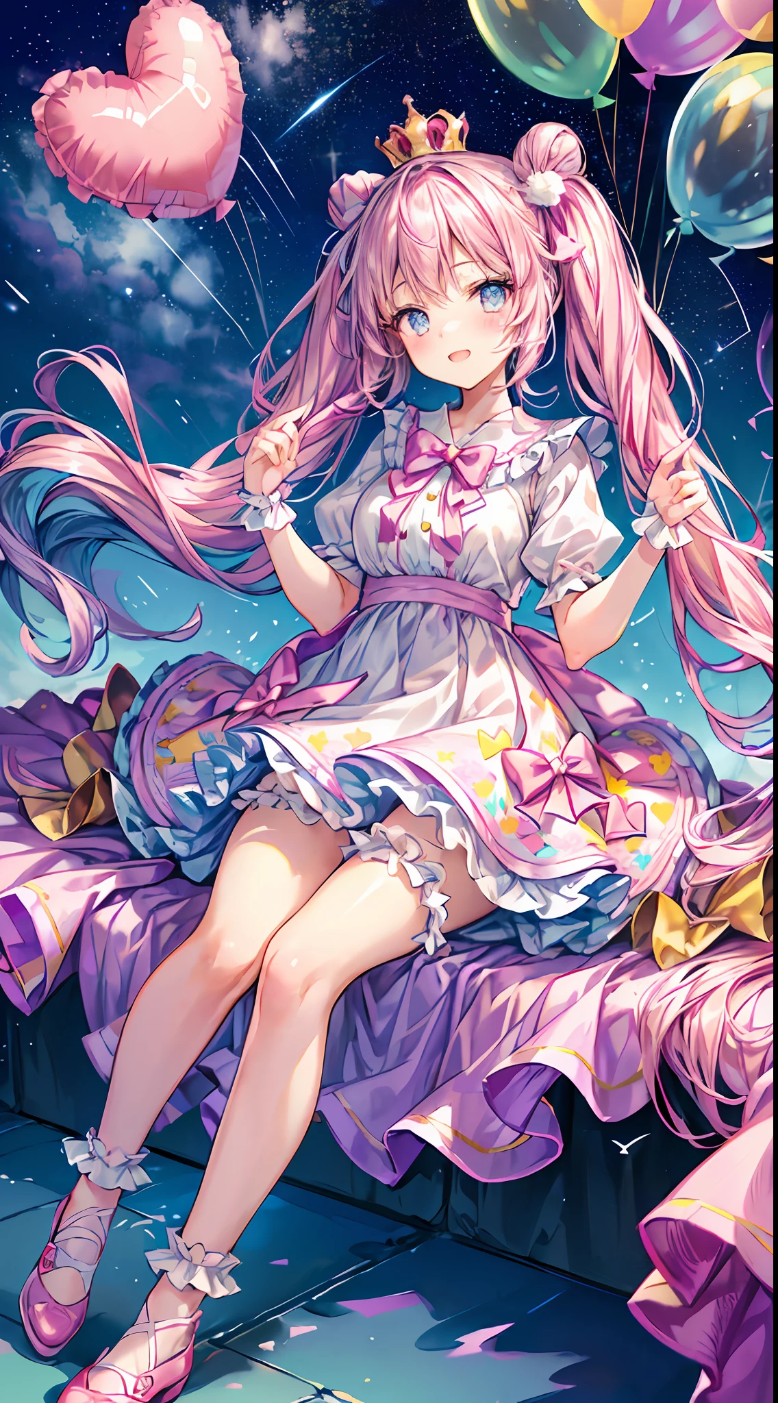 (fullbody, legs and shoes visible: 1.2)) expressive eyes, 1girl, pale skin, long hair, windblown hair, ((absurdly long hair)), long sidelocks, hime bangs, hair fringe, hair bun, ((very long twintails)), iridescent hair, light pink hair, blushing, full face blushing, big sparkling pastel purple eyes, (gradient eyes), open mouth smile, cute pose, ((holding balloons : 1.3)) 
((cute and pastel fashion)) ((🦄🎠🎈🎉 theme : 1.4)) flowy pastel dress, ((dreamy multicolored open dress)), (floating ribbons), lavender ruffles, pink frills, (light blue lace), detached short sleeves, puffy skirt, ((rainbows and stars print skirt : 1.3)), lolita skirt, purple bows, ((pompon ribbons hair ornament : 1.4)), multiple bows, striped lace stockings, (heart shaped leg garter), cute (pastel purple) shoes ((hyperdetailed clothing and fashion)) looking at you, vintage girl, blushing, (beautiful detailed eyes), (extremely detailed CG unity 8k wallpaper) (best shadow), ((an extremely delicate and beautiful)), (detailed light), ((depth of field)) big head, big sparkling eyes, moe, splash art, cinematic lighting, frontal view, volumetric lighting maximalist photo illustration k resolution high res intricately detailed complex key visual precise linear 
((in the dreamy pastel sky background, surrounded by sunset clouds, shooting stars, castles in the clouds)) ((hyperdetailed scenery, foggy clouds, suspended by balloons, hearts : 1.3))