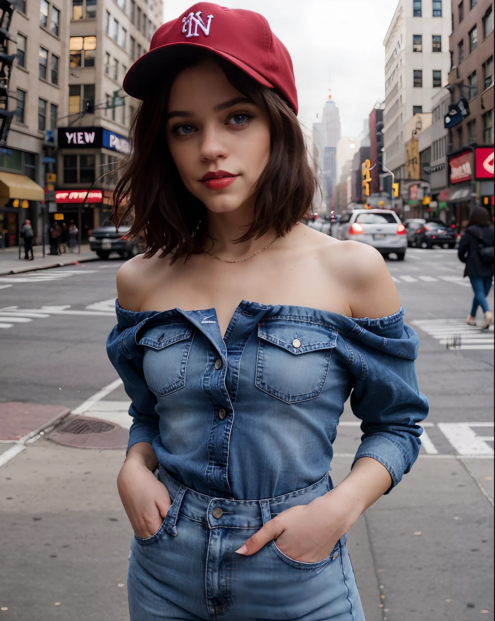 Photo of (jortega) posing in a flannel shirt and blue jeans with an American Flag draped around her shoulders and a red baseball hat on her head, solo, ((blue eyes)), bob haircut, facing camera, on a New York City street, photograph, photoshoot, Captured by Panavision Panaflex Platinum Camera with Panavision Primo Primes Spherical Lens 50mm T1.9