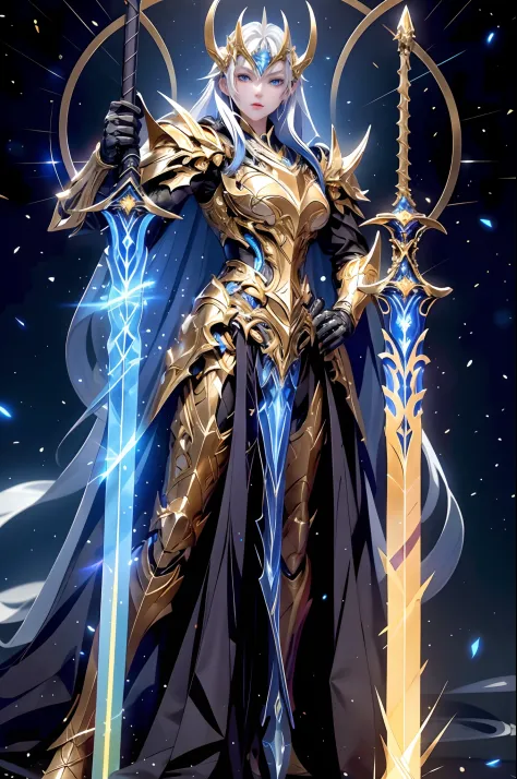A stunning paladin in golden armor, holding two radiant sword. Their determined blue eyes navigate the dark cityscape, illuminating intricate details with their sword’s glow. The aesthetic captures the beauty and depth.