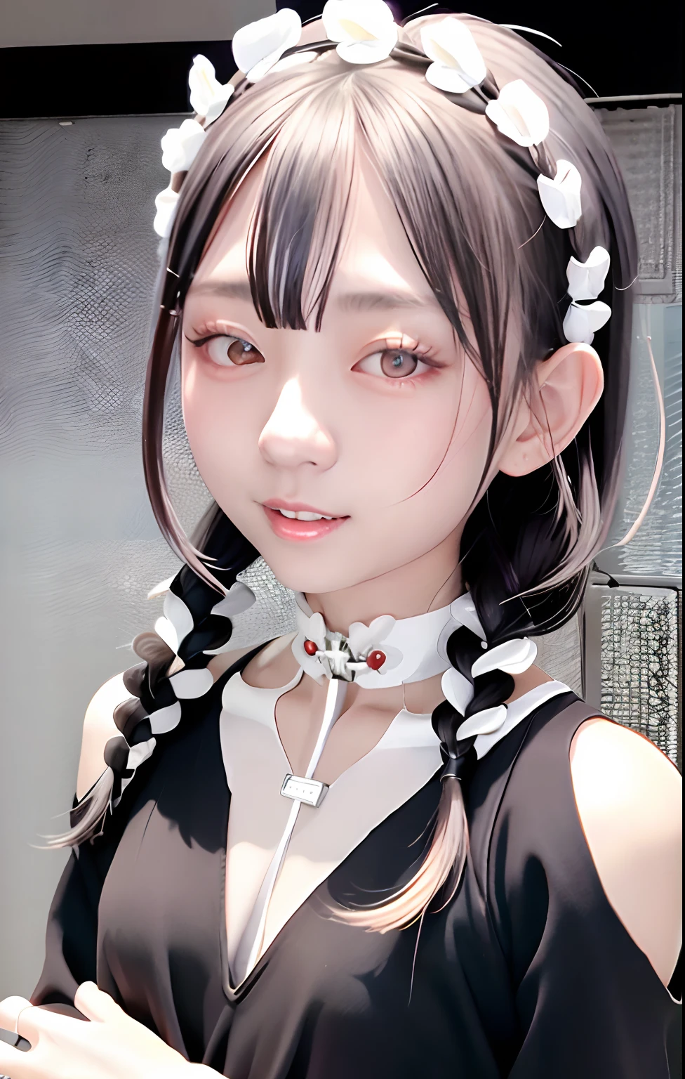 silber hair、A dark-haired、top-quality、ultra-detailliert、1girl in、独奏、is standing、Twin braids、red eyes、Maid headdress、maid apronl、bangss、white glove、Gaze、A smile、looking at the viewers、(interview:1.3)、Colossal tits、Huza、all-fours、Yes、drunk、ahegao (fucked silly / sexual ecstasy)