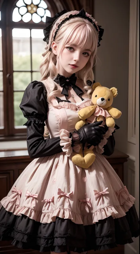 1girl in, Photo, masutepiece, Bedroom Swita Lolita in Gothic Gothic Interior, Yellow dress fabric,  Cheek heart shape, Blush pink makeup, gloves, Smile, pastel color, ornate, Broderry, Hugging a stuffed animal, Bokeh,