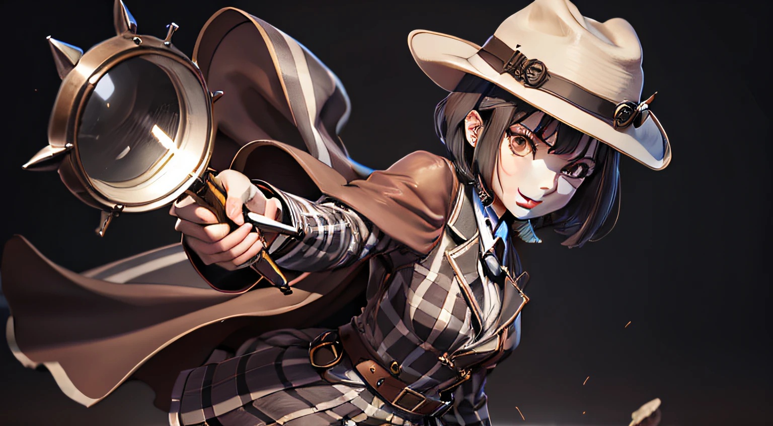 femele，16 yaers old，Short brown striped skirt，Detective Hat，Brown-black checked cape，ssmile，Handheld magnifying glass，with short black hair，Japanese anime，adolable，Projectile theory breaking style