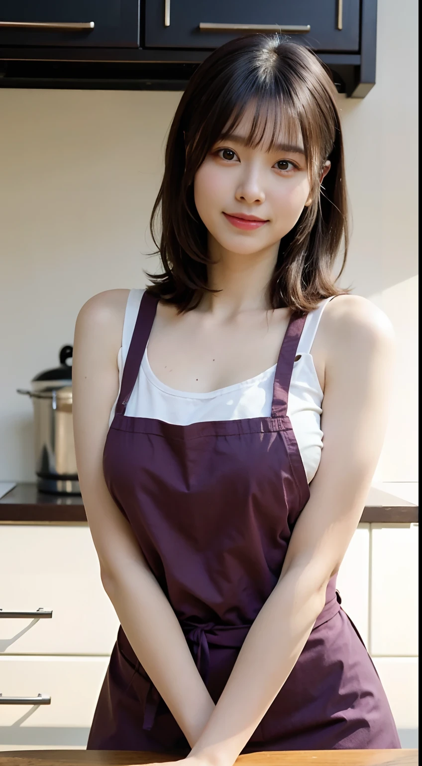 Woman who cooks、(kitchin_aprons:1.Wear 3)、nice hand、4K、A high resolution、tmasterpiece、top-quality、wear cap:1.3、((hasselblad photograph))、Fine skin、sharp focus、(lighting like a movie)、Soft lighting、dynamic ungle、[:(Detailed face:1.2):0.2]、Medium chest、sweat pouring down the skin:1.2、(((In the kitchen))) Cute smile　Viewer's perspective　Colossal tits　tying  hair　Sleeveless　cleanness　big kitchen　Beautiful kitchen　Wine glasses　posterior view　Behind　backs　Lift and tie up your hair