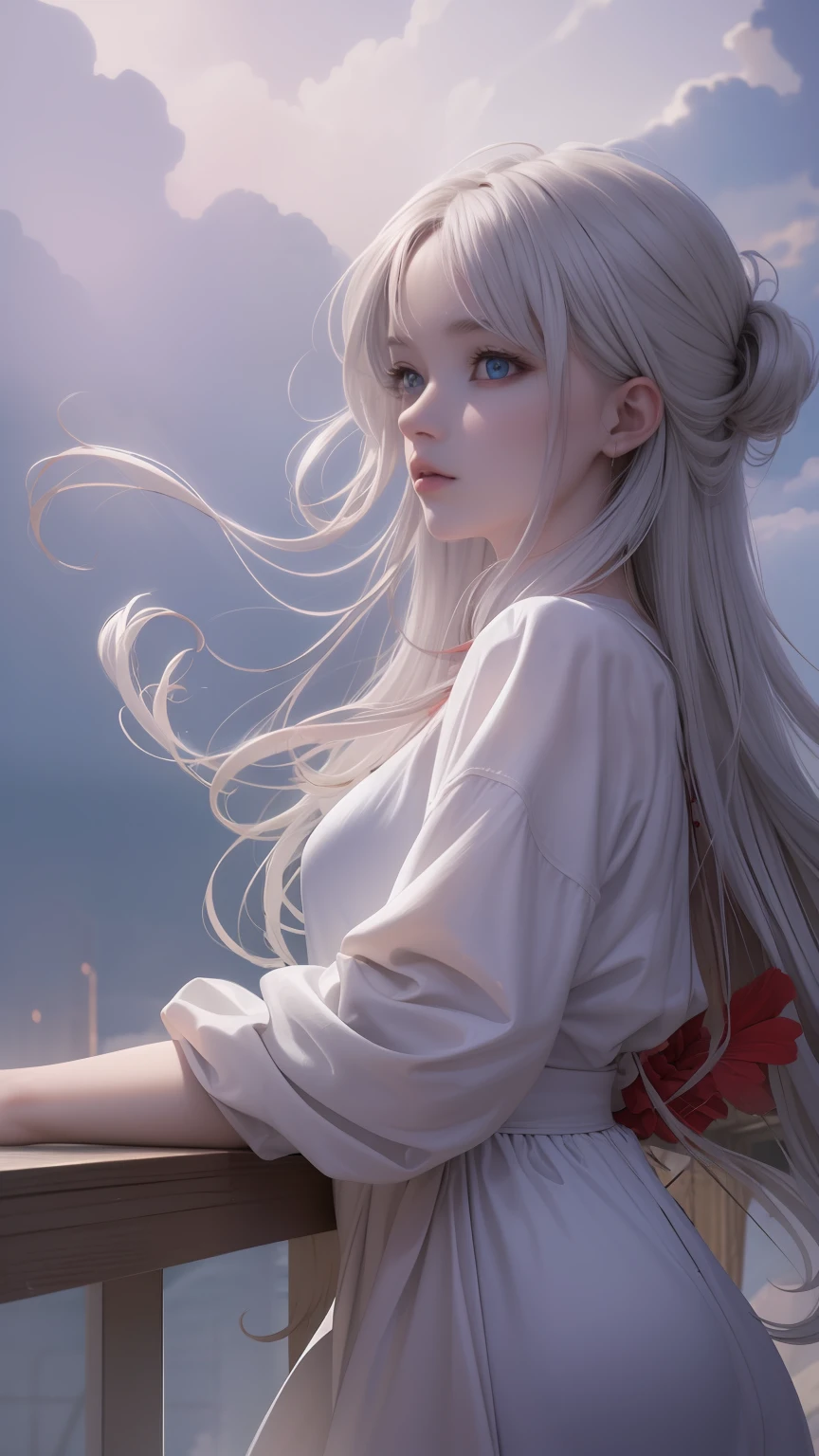 (fond d&#39;écran CG Unity 8k très détaillé, chef-d&#39;œuvre, meilleure qualité), meilleur éclairage, Incroyablement beau, Flottant, fille en costume wuxia blanc, yeux bleus, cheveux multicolores (argent: 1.3 + rouge: 1.2 + violet + jaune: 1.3 + vert: 1.3), beau visage, trop de gouttes d&#39;eau, des nuages, Crépuscule, grand angle, aquarelle.