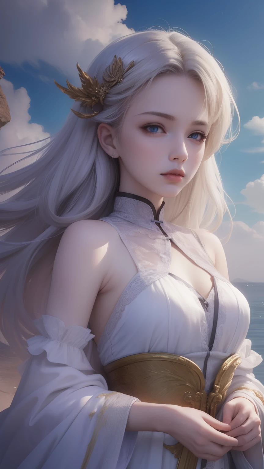 (fond d&#39;écran CG Unity 8k très détaillé, chef-d&#39;œuvre, meilleure qualité), meilleur éclairage, Incroyablement beau, Flottant, fille en costume wuxia blanc, yeux bleus, cheveux multicolores (argent: 1.3 + rouge: 1.2 + violet + jaune: 1.3 + vert: 1.3), beau visage, trop de gouttes d&#39;eau, des nuages, Crépuscule, grand angle, aquarelle.