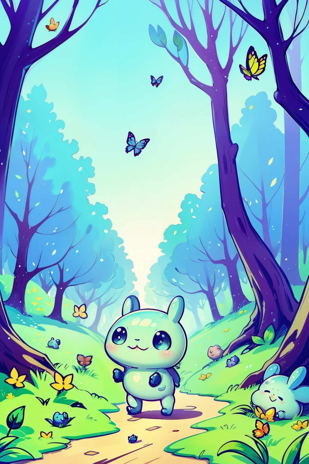 a cute little slime monster walks happily in a forest, trees with lots of leaves, flowers, blue sky, cute bunnies follow the little monster in the magic forest, butterflys,