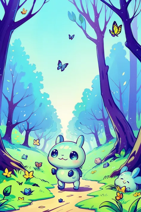 a cute little slime monster walks happily in a forest, trees with lots of leaves, flowers, blue sky, cute bunnies follow the lit...