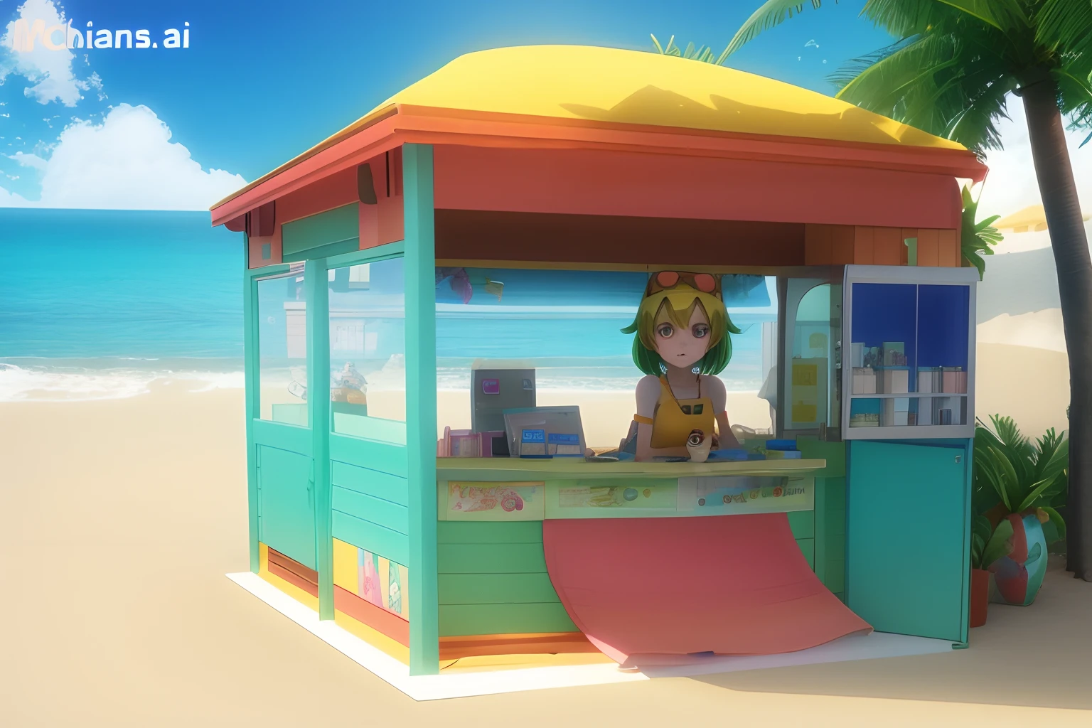 Anime character in a colorful kiosk on a beach with palm trees - SeaArt AI