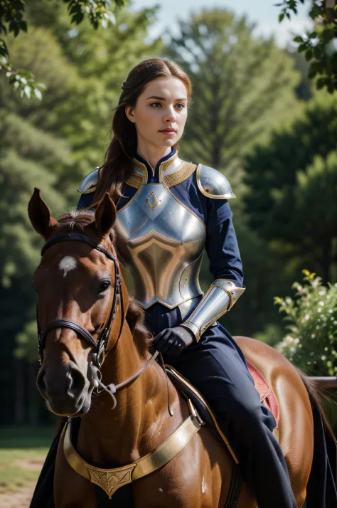 Wide shot Hyper Realistic Portrait Photograph Royal knight on a horse, 1girl age25 Swedish, 64k, Masterpiece, ULTRAHD