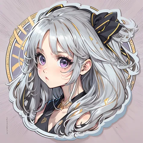 Sticker, Cute anime girl head, long layered silvery white hair,Light purple eyes，Black dress，Pout，cute clothing，in circle, White background, Gold border，Simple, Ultra detailed, Detailed drawing, vectorised, Silhouette, 8K, professional sticker design, Flat...