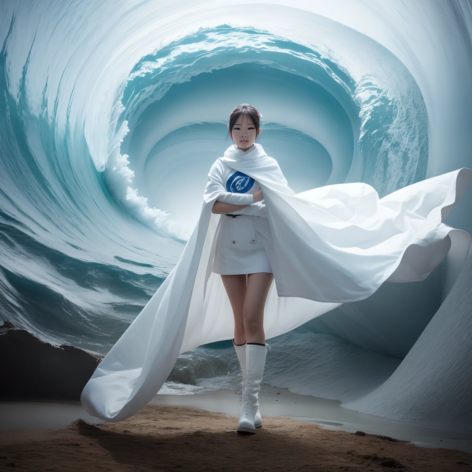 Nature Guardian Typhoon woman wearing typhoon symbol uniform，White cloak, Long white gloves on his hands, Wear white knee-length boots on her feet, Stand in the middle of a typhoon and release energy to photograph your whole body