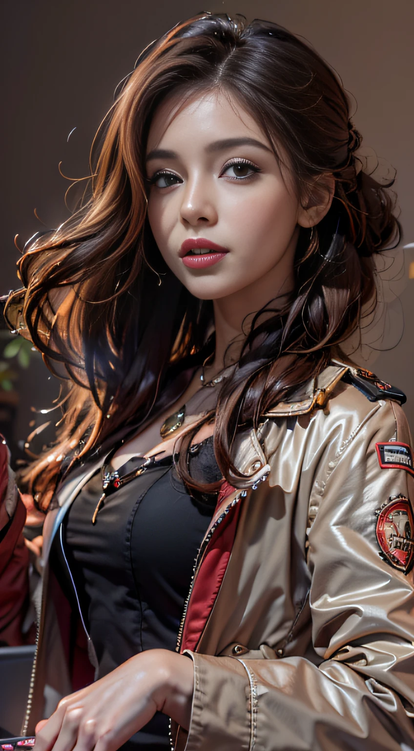 Photorealistic, A high resolution, 1womanl, Solo, Hips up, view the viewer, (Detailed face),Red trench coat，middlebreast：1.1，dress：1.1，Red dark V dress，Left-breasted rose，brunette，Long hair，Look at the lens at a 45-degree angle to the slight side of the face，casino background，Take poker action
