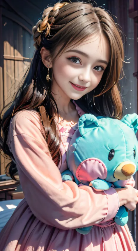 1girl in, Photo, masutepiece, Bedroom Sveta Lolita in Gothic Gothic interior, Yellow dress fabric,  Cheek heart-shaped, Blush pink makeup, mitts, Smile, Pastel color, opulent, Broderry, hugging stuffed animals, Bokeh,