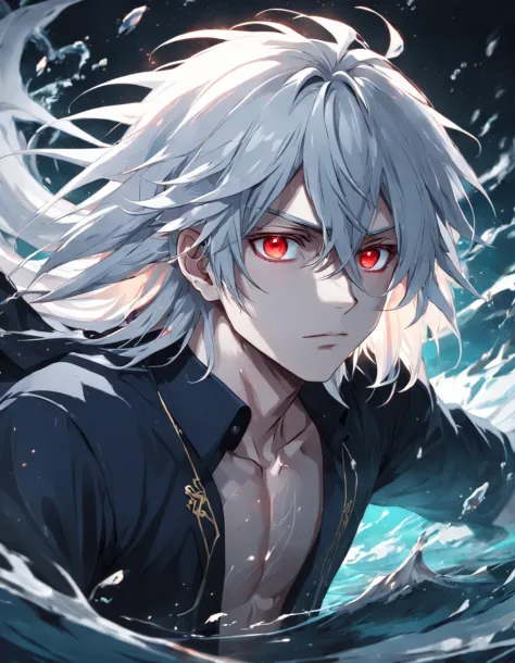 male people，((Masterpiece)), ((Best quality)), Ultra detailed,((illustration)), Dynamic Angle, Detailed light, (Delicate eyes), 1boy, Male focus, white hair, very long hair, red eyes, body immersed in water, mysterious storyline, Vibrant colors, Clear Line...