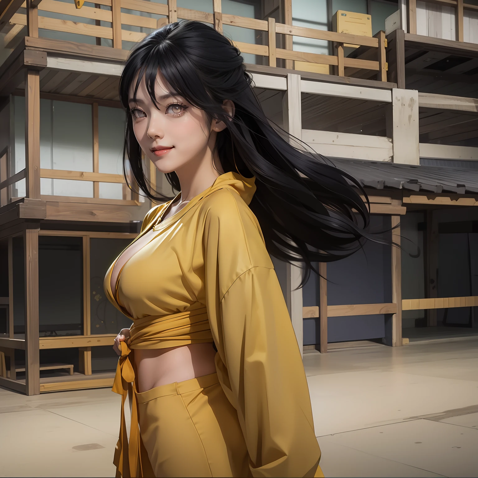 Anime girl in yellow outfit posing in front of a building - SeaArt AI