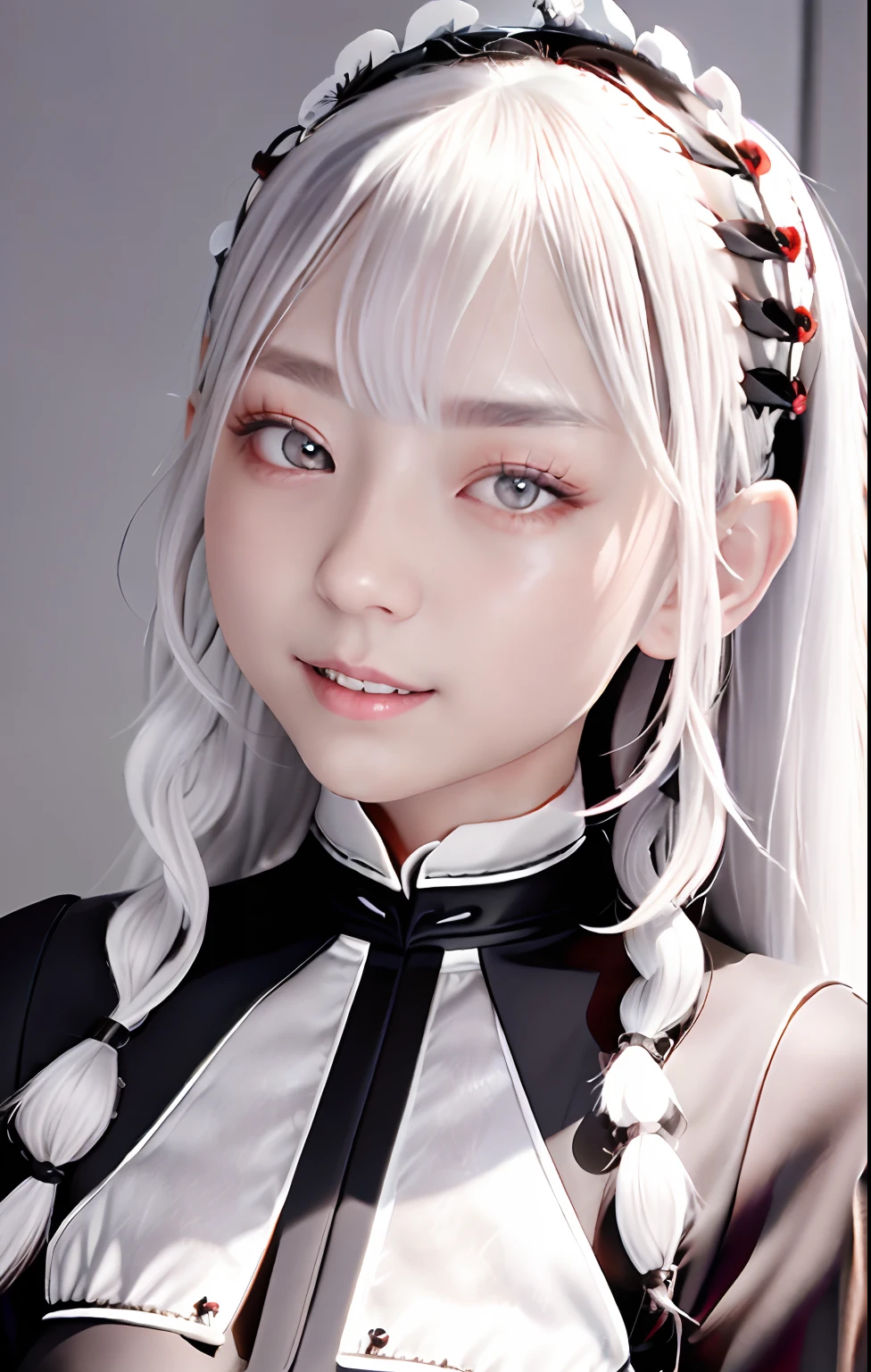 silber hair、A dark-haired、top-quality、ultra-detailed、1girl in、solo、is standing、white  hair、twin braids、red eyes、Maid headdress、maid apronl、bangss、white glove、gauze、a smile、looking at the viewers、(interview:1.3)、huge tit、