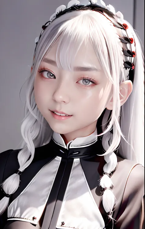 silber hair、A dark-haired、top-quality、ultra-detailliert、1girl in、独奏、is standing、white  hair、twin braids、red eyes、Maid headdress、...