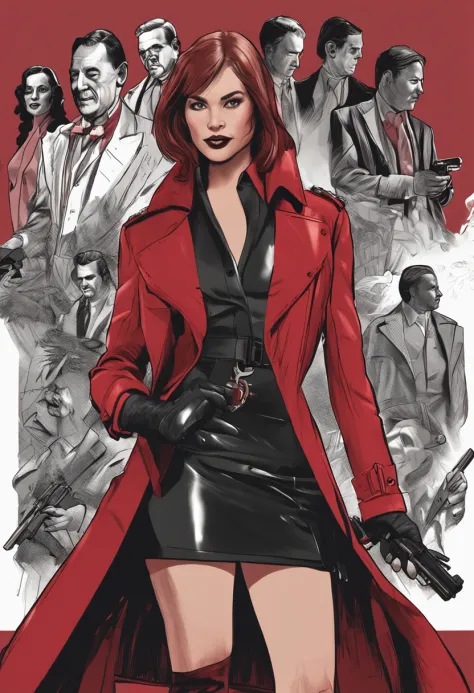 （Full-length portrait 1.5）Photorealistic, hight resolution, 1womanl, 独奏, hips up, Viewer Viewer Viewer, (Detailed Face),Red trench coat，Average Breasts：1.1，Dress：1.1，Red dark V-shaped dress，Left-breasted rose，morena，hairlong，Look at the lens at a 45-degree...