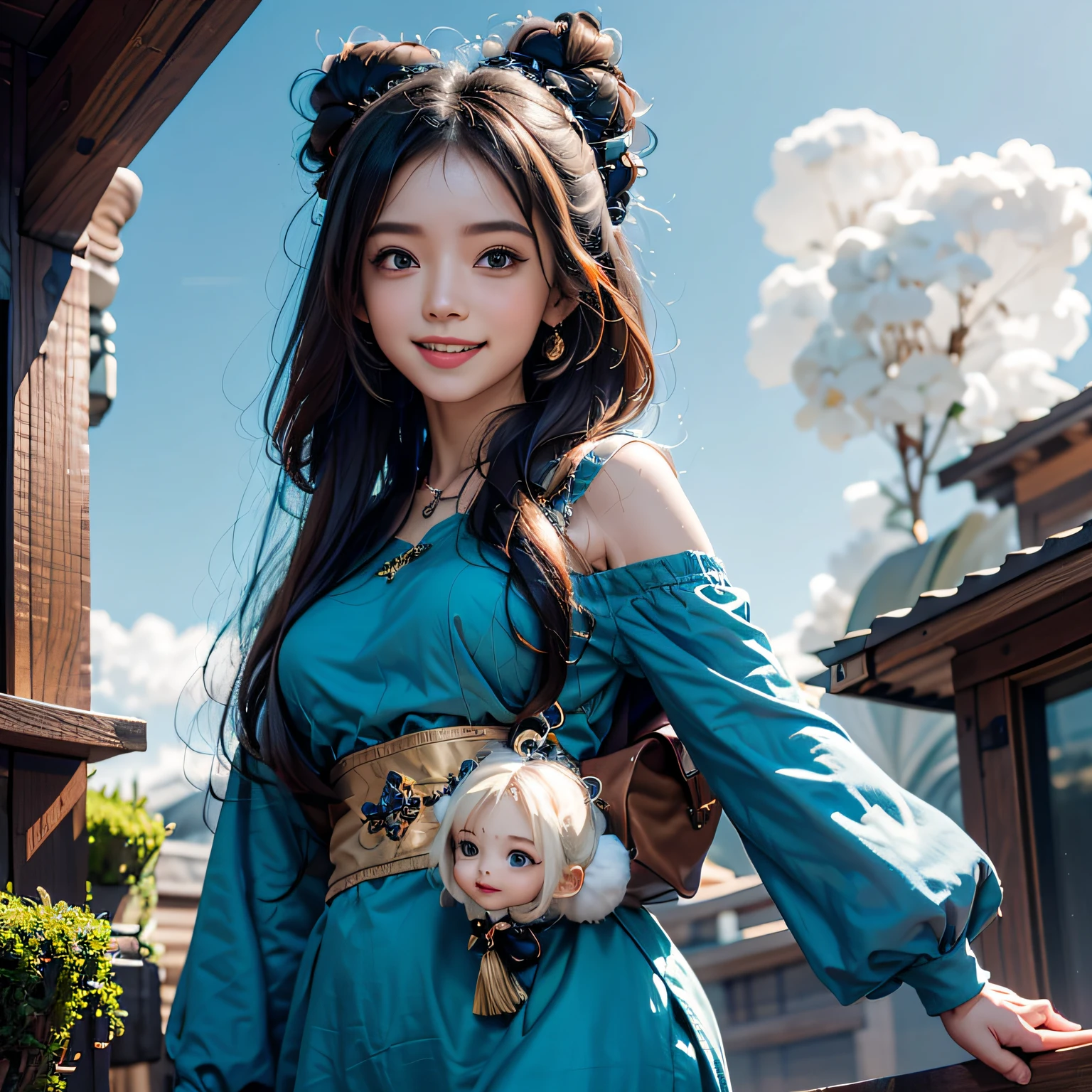 A girl in a blue dress and watch stands on top of a hill. Hair flutters in the wind，She raised her head slightly, Her arms were open. She was carrying a small backpack, Dynamic volume lighting illuminates her face in great detail. She has black hair that reaches to her shoulders, It blows in the wind. She had a big smile on her face, Her eyes were filled with joy. She has double eyelids.