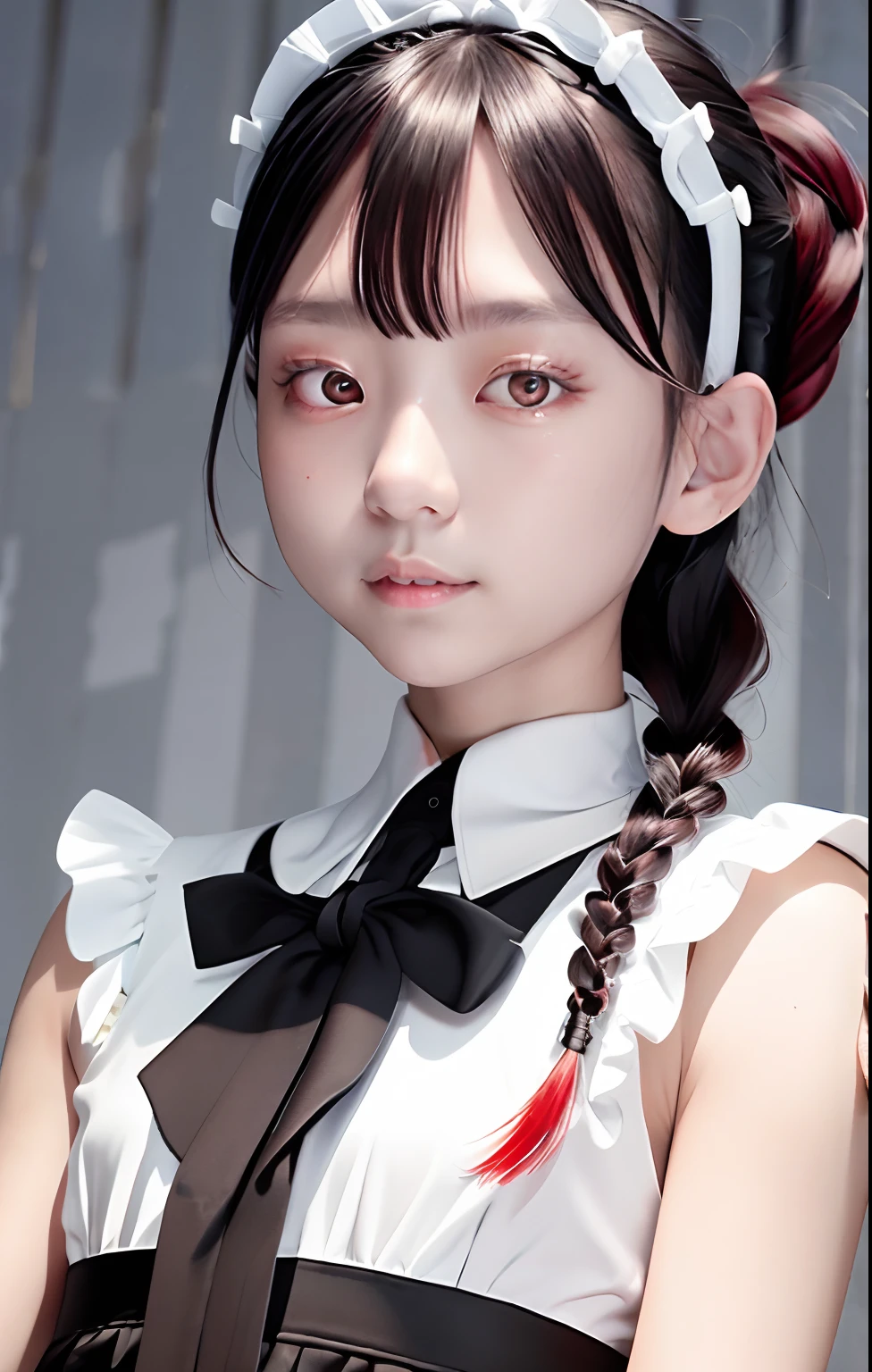 Photorealsitic, hight resolution, 1 rapariga, Korea person, Heterochromia eyes, small moles under eyes,With weapons、pistols、Sword、top-quality、ultra-detailliert、独奏、is standing、A dark-haired、Twin braids、red eyes、Maid headdress、maid apronl、bangss、white glove、Gaze、A smile、looking at the viewers、(interview:1.3)、be shy、drunk